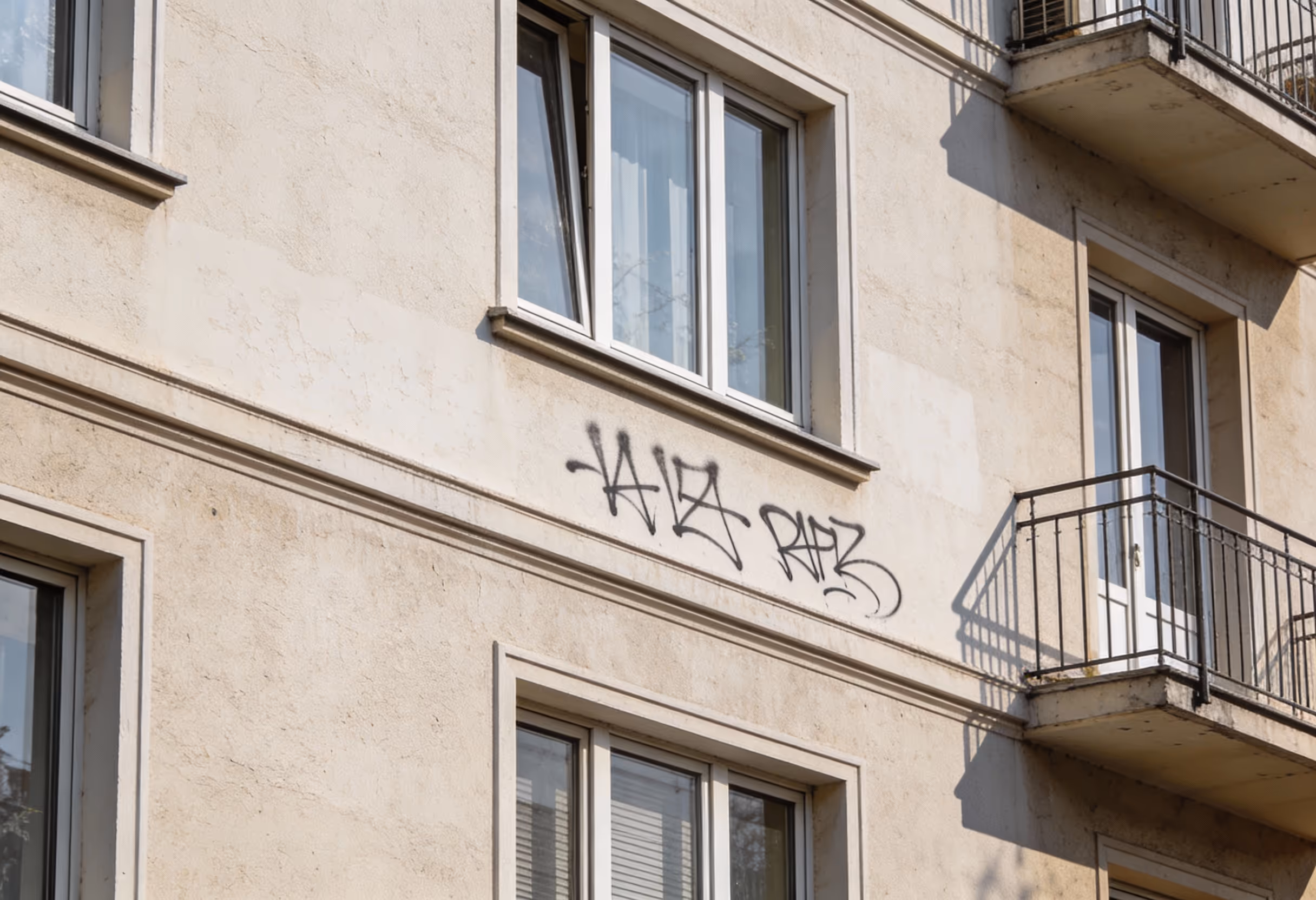hausfassade mit zwei fenstern und einem balkon wand mit schwarzer graffiti schri
